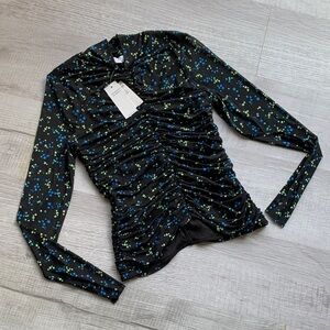 NWT, AFRM Black Mesh Top with Floral Design, size S.